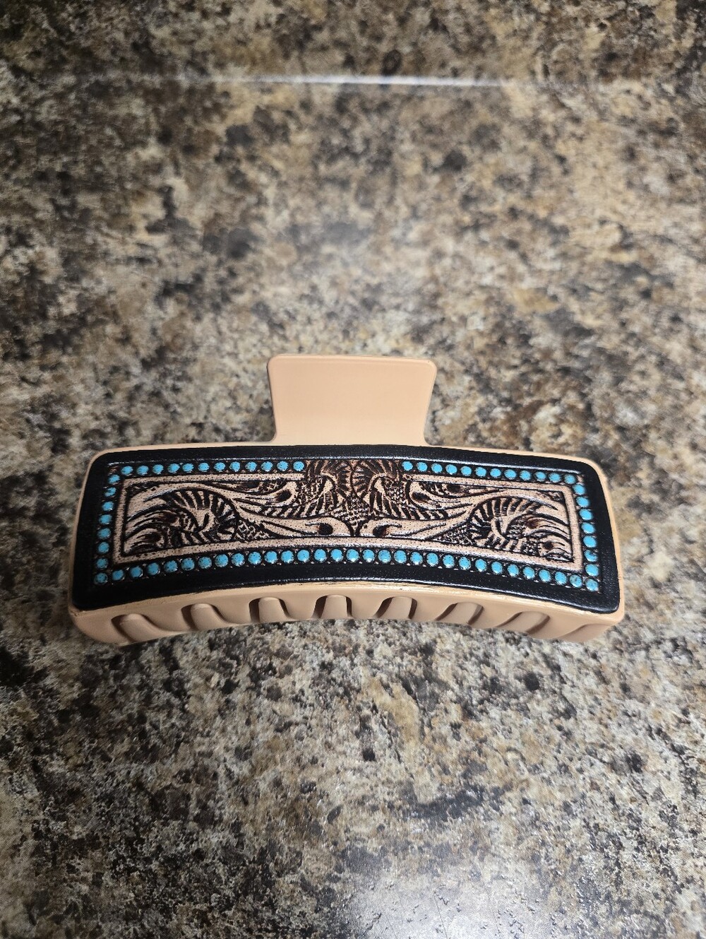 Tan Hair Clip with Turquoise Accent - Stylish Accessory